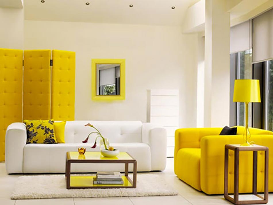salon déco design en blanc et jaune