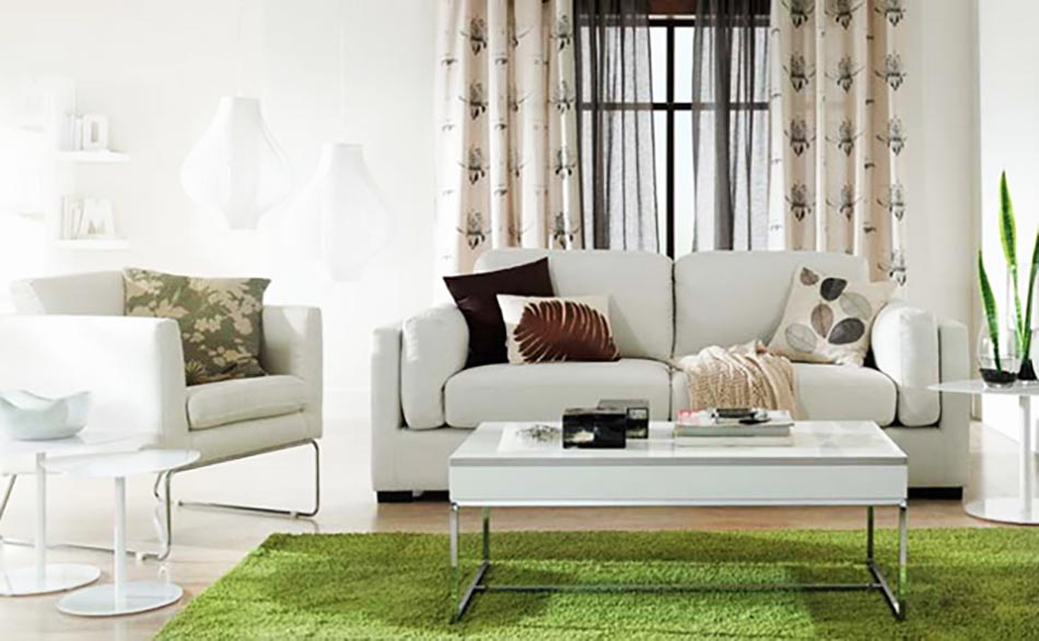 Séjour design moderne en beige doux et vert anis