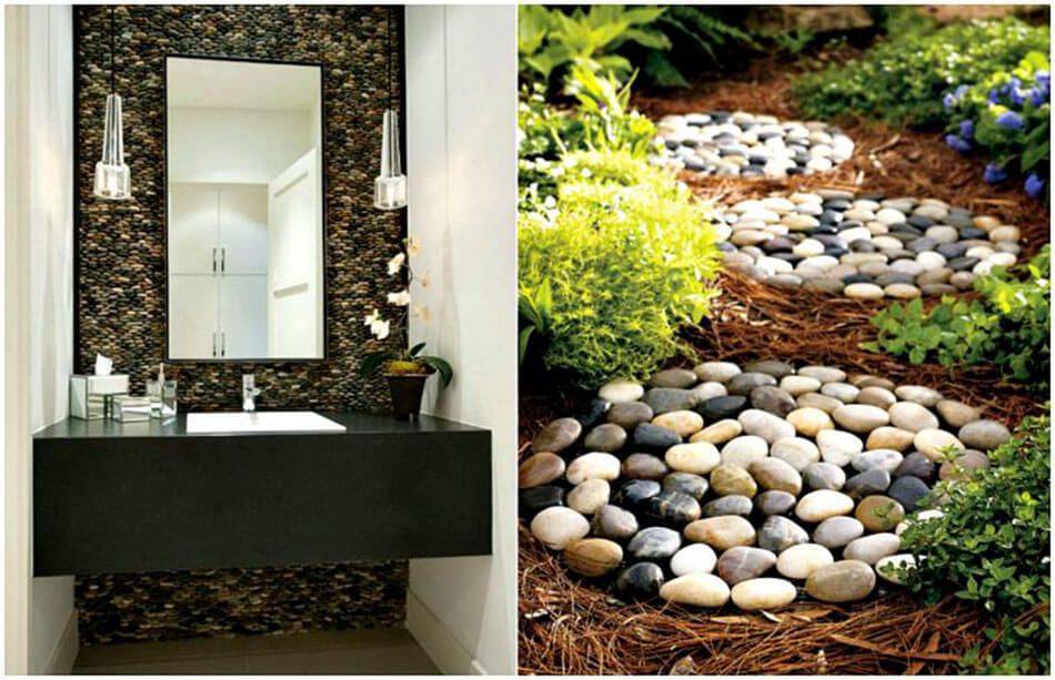 Des galets multicolores pour décorer un mur de la salle de bain ou une allée de jardin