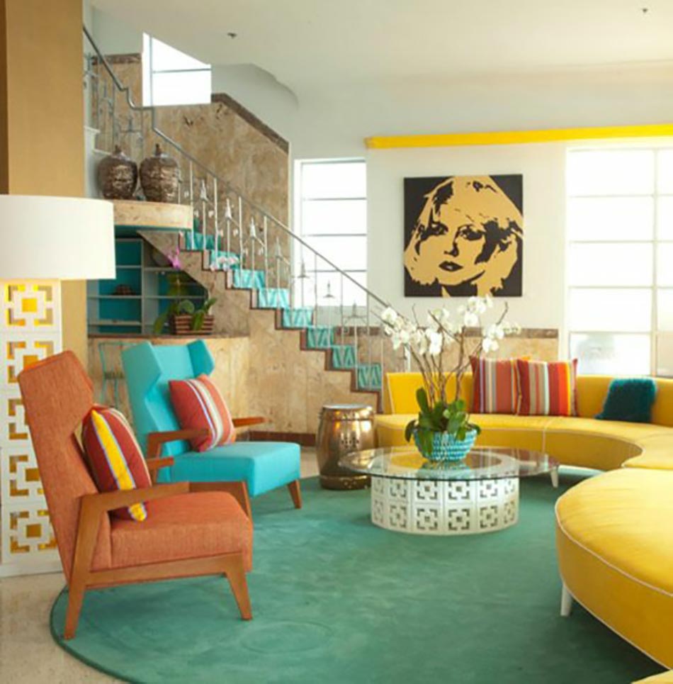 Salon moderne et contemporaine en jaune et bleu pétrole