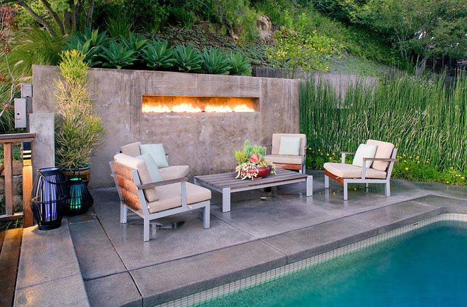 terrasse piscine cheminée outdoor tendance