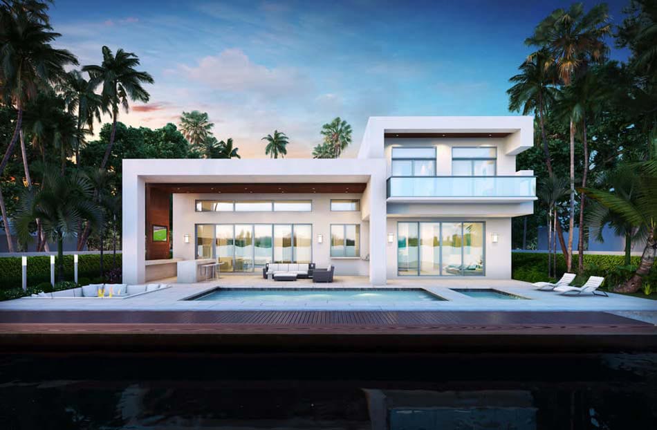 La magnifique terrasse de derrière offrant un jacuzzi, une piscine un salon et des assises en contre-bas architecture contemporaine maison secondaire