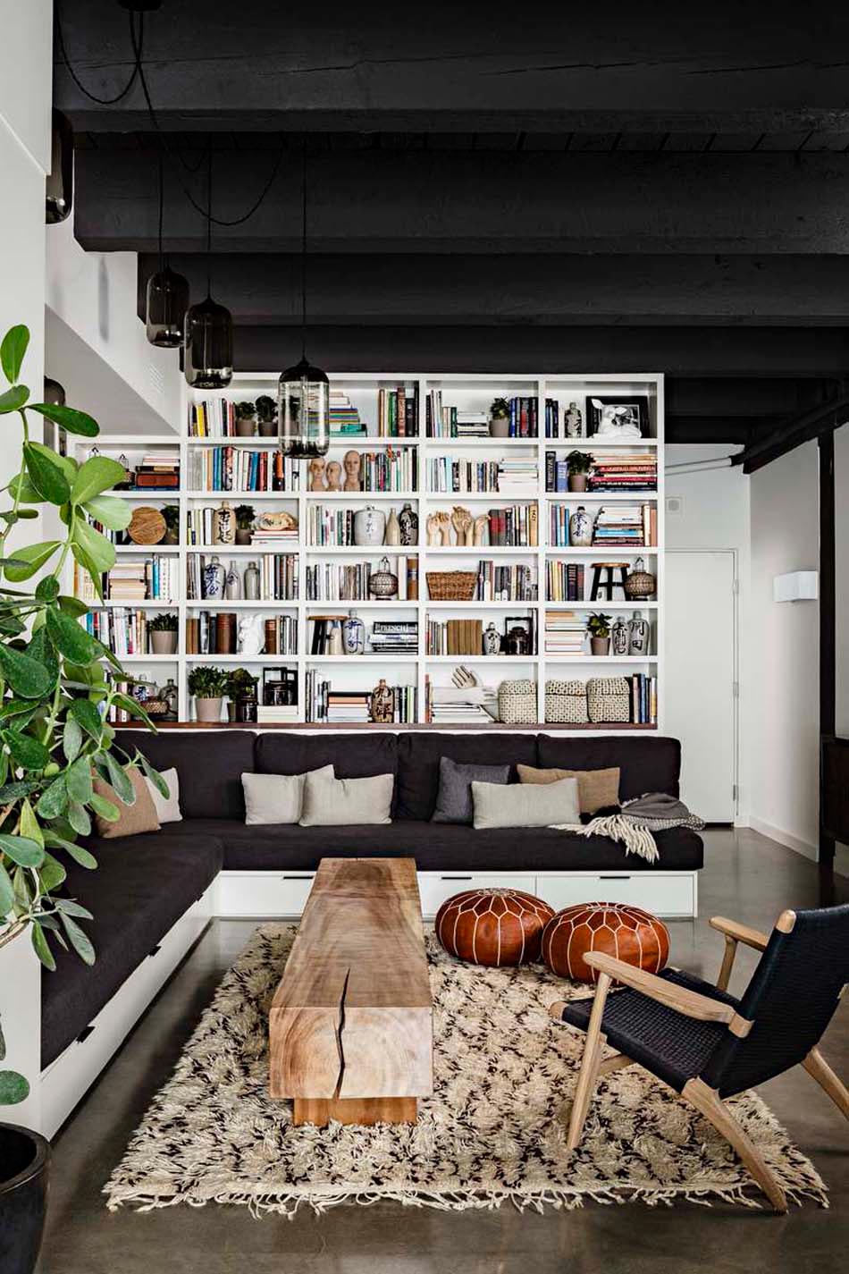 bibliothèque office séjour bureau déco maison poufs