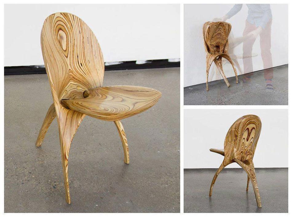 chaise de table design bois massif originale trois pieds