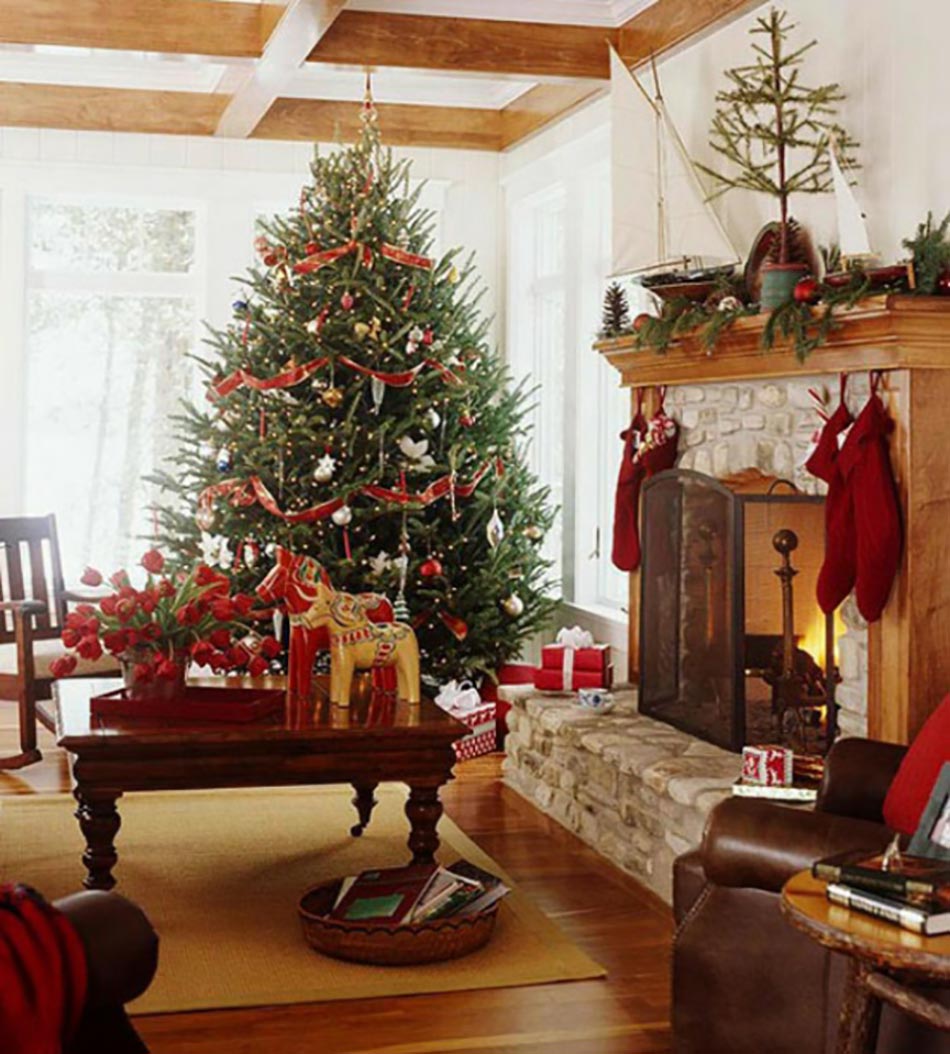 séjour décoration de Noël blanc rouge vert