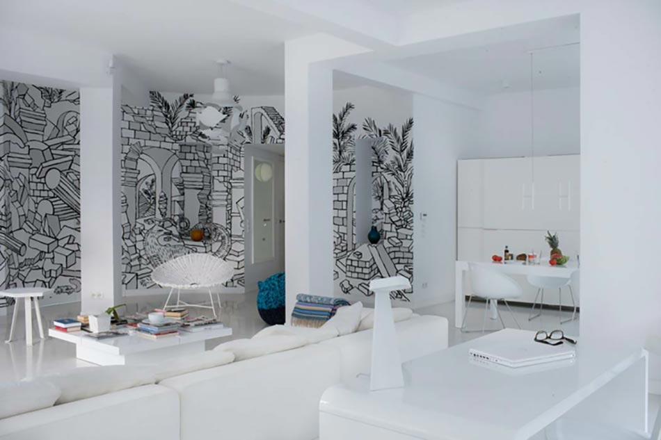 La pièce de vie principale avec le dessin mural original pièce de vie principale en blanc
