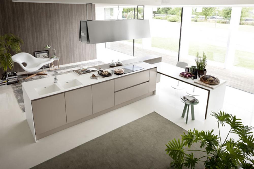 Blanc et gris, rehaussés par des plantes vertes pour cette cuisine Pedini Blanc et gris, rehaussés par des plantes vertes pour cette cuisine Pedini