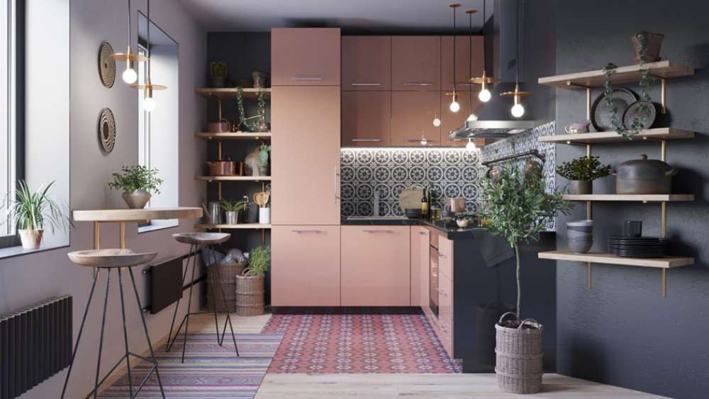 Une cuisine en forme de L aux couleurs sobres et épurées cuisine en L gris et rose bicolor