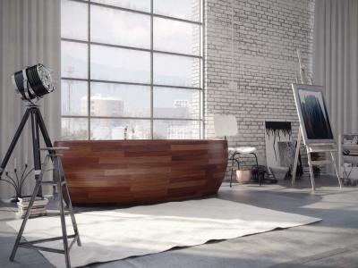 baignoire design rond bois salle de bain luxe