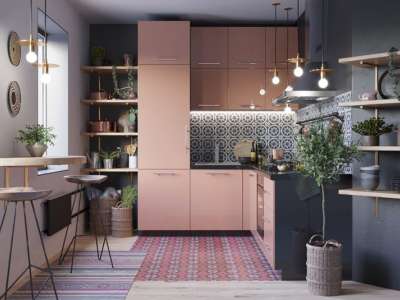 cuisine en L gris et rose bicolor