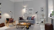 Séjour scandinave en gris et au meuble design industriel