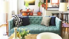 canapé turquoise pour salon design éclectique