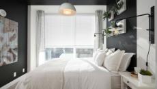 chambre à coucher gris & linge de lit blanc