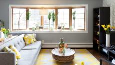 Le mariage très réussi et tendance entre le gris et le jaune séjour aux touches déco jaunes