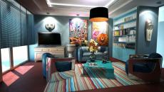 Petit salon ultra moderne aux influences africaines très stylisées séjour turquoise design déco intérieur éclectique